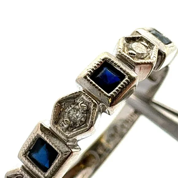 Designer 14k White Gold Round Diamonds Square Sapphires Semi Eternity Band Ring